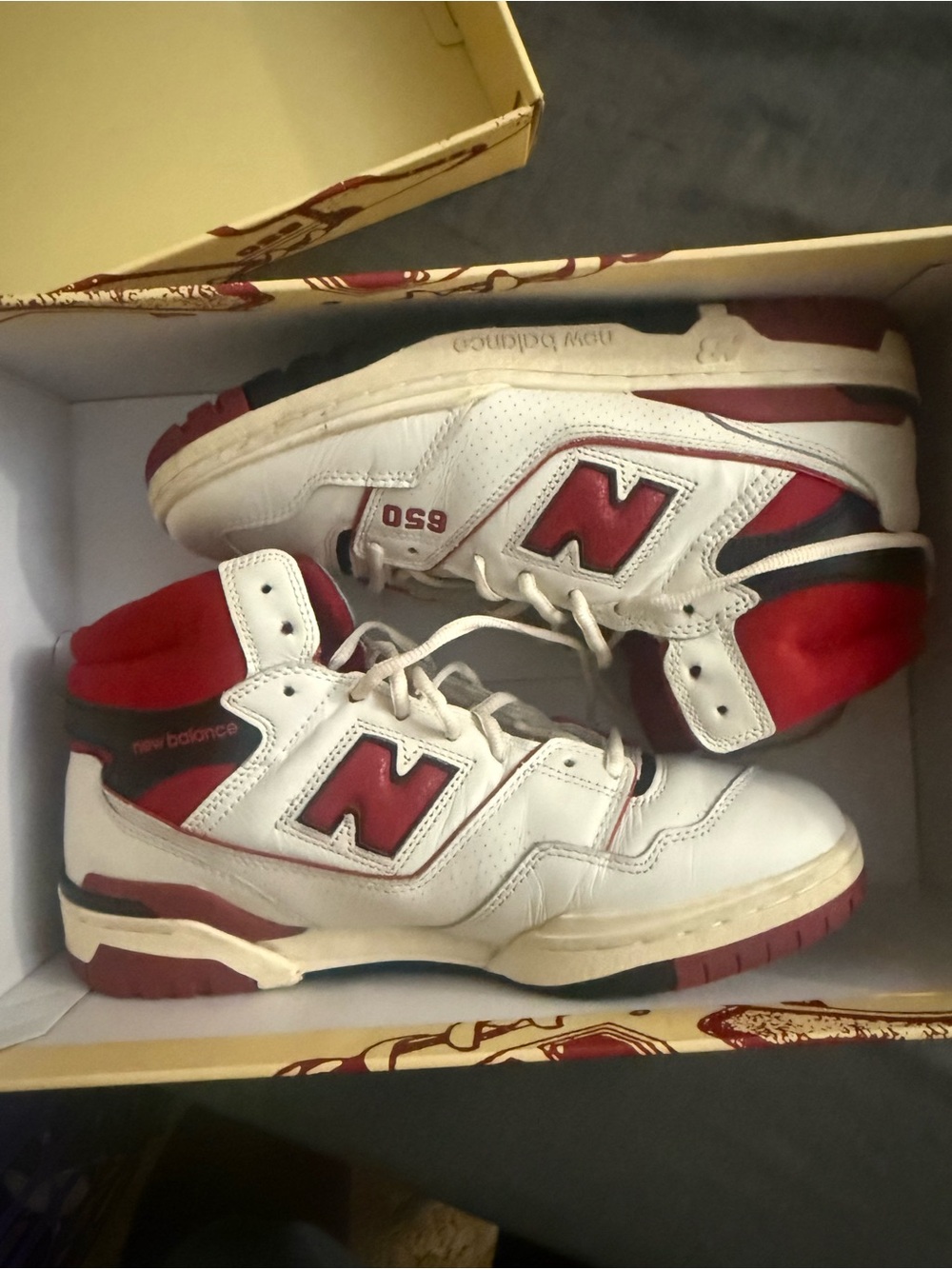 New Balance Mens 650 White and Red Athletic Shoes